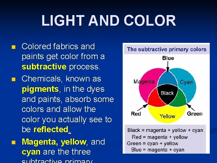 LIGHT AND COLOR n n n Colored fabrics and paints get color from a