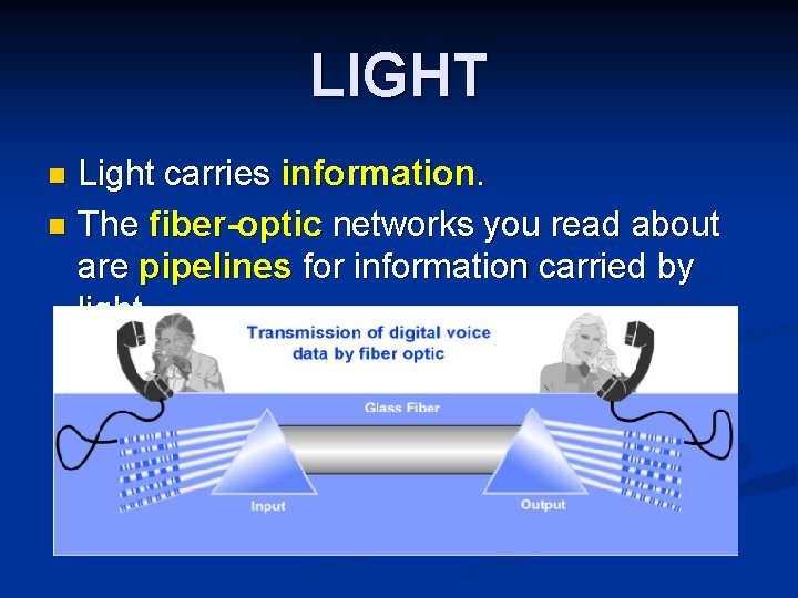 LIGHT Light carries information. n The fiber-optic networks you read about are pipelines for