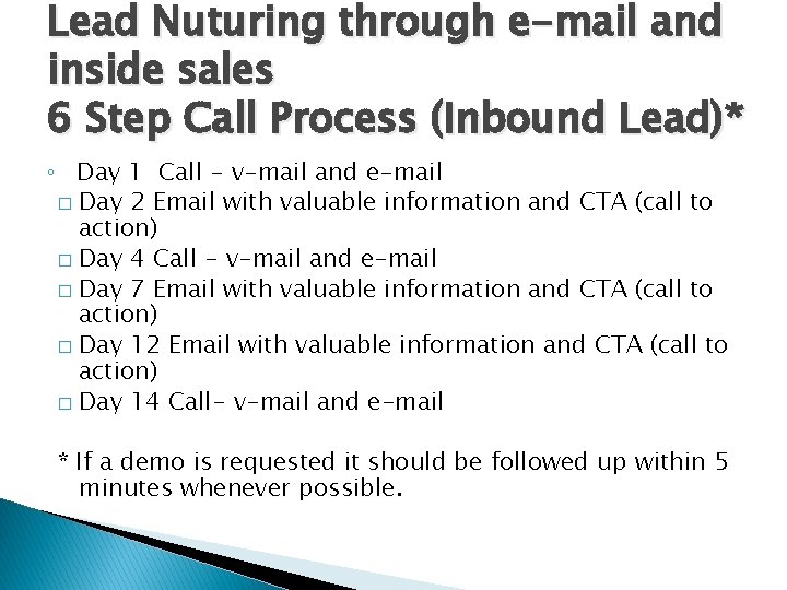 Lead Nuturing through e-mail and inside sales 6 Step Call Process (Inbound Lead)* ◦