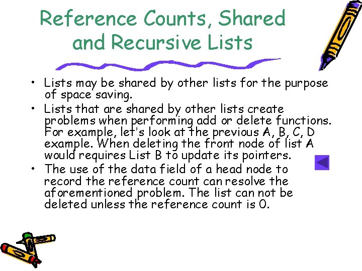Reference Counts, Shared and Recursive Lists • Lists may be shared by other lists