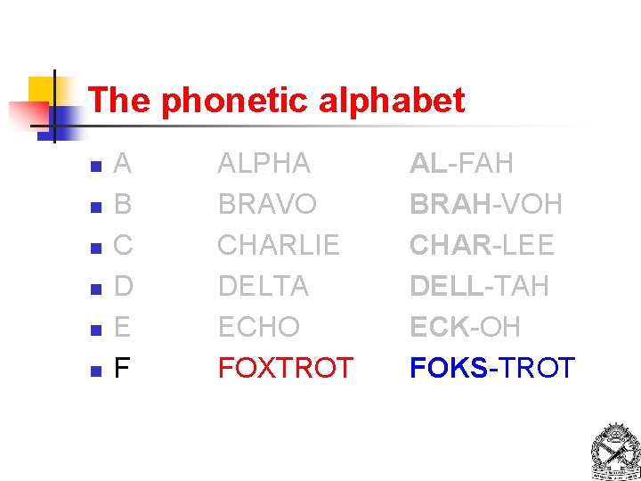 The phonetic alphabet n n n A B C D E F ALPHA BRAVO