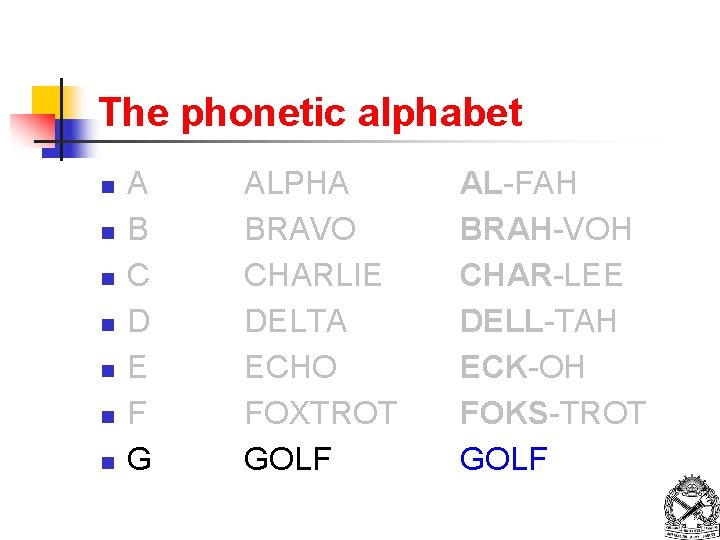 The phonetic alphabet n n n n A B C D E F G