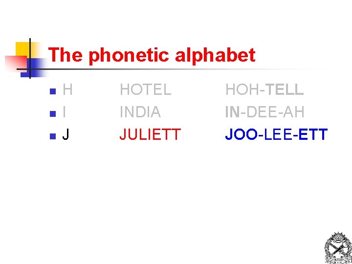 The phonetic alphabet n n n H I J HOTEL INDIA JULIETT HOH-TELL IN-DEE-AH