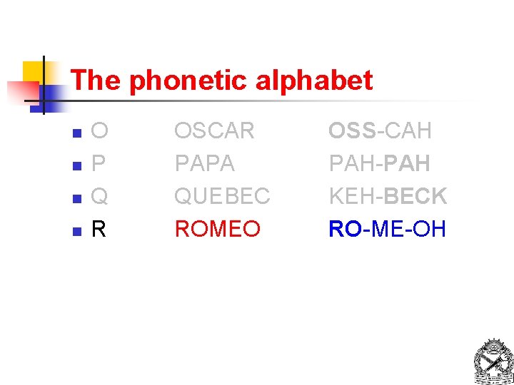 The phonetic alphabet n n O P Q R OSCAR PAPA QUEBEC ROMEO OSS-CAH