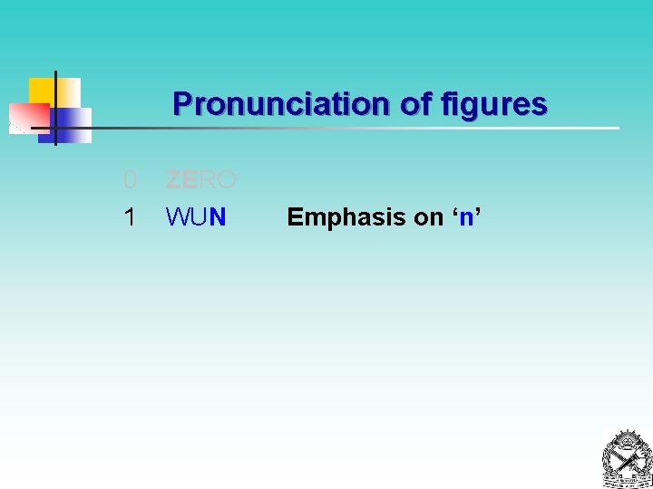 Pronunciation of figures 0 1 ZERO WUN Emphasis on ‘n’ 