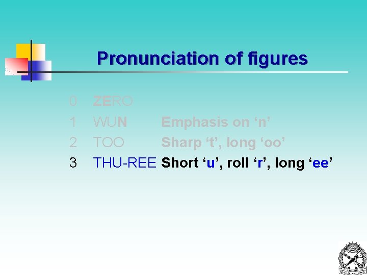 Pronunciation of figures 0 1 2 3 ZERO WUN Emphasis on ‘n’ TOO Sharp