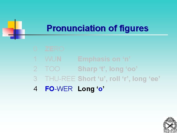 Pronunciation of figures 0 1 2 3 4 ZERO WUN TOO THU-REE FO-WER Emphasis