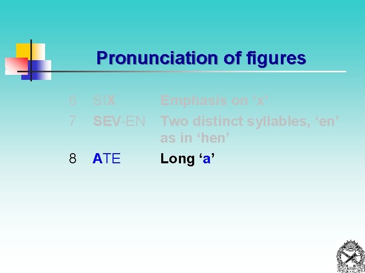 Pronunciation of figures 6 7 SIX SEV-EN 8 ATE Emphasis on ‘x’ Two distinct