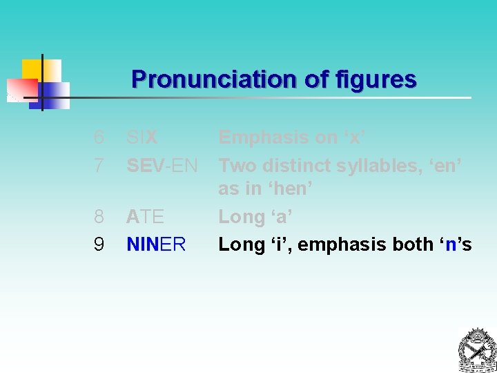 Pronunciation of figures 6 7 SIX SEV-EN 8 9 ATE NINER Emphasis on ‘x’