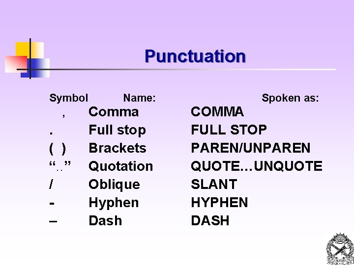 Punctuation Symbol , . ( ) “. . ” / – Name: Spoken as: