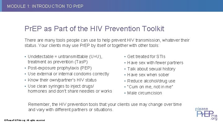 MODULE 1: INTRODUCTION TO Pr. EP as Part of the HIV Prevention Toolkit There