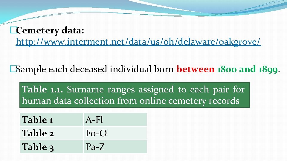 �Cemetery data: http: //www. interment. net/data/us/oh/delaware/oakgrove/ �Sample each deceased individual born between 1800 and