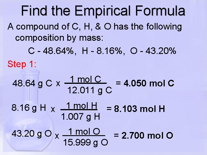 Find the Empirical Formula A compound of C, H, & O has the following