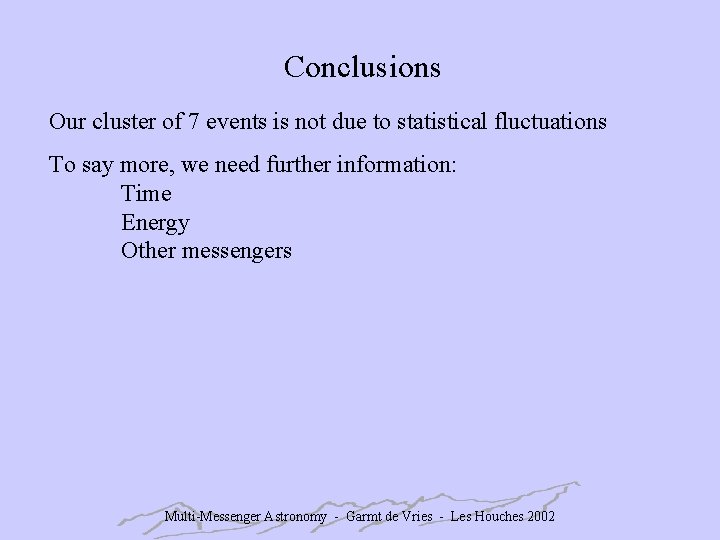 Conclusions Our cluster of 7 events is not due to statistical fluctuations To say