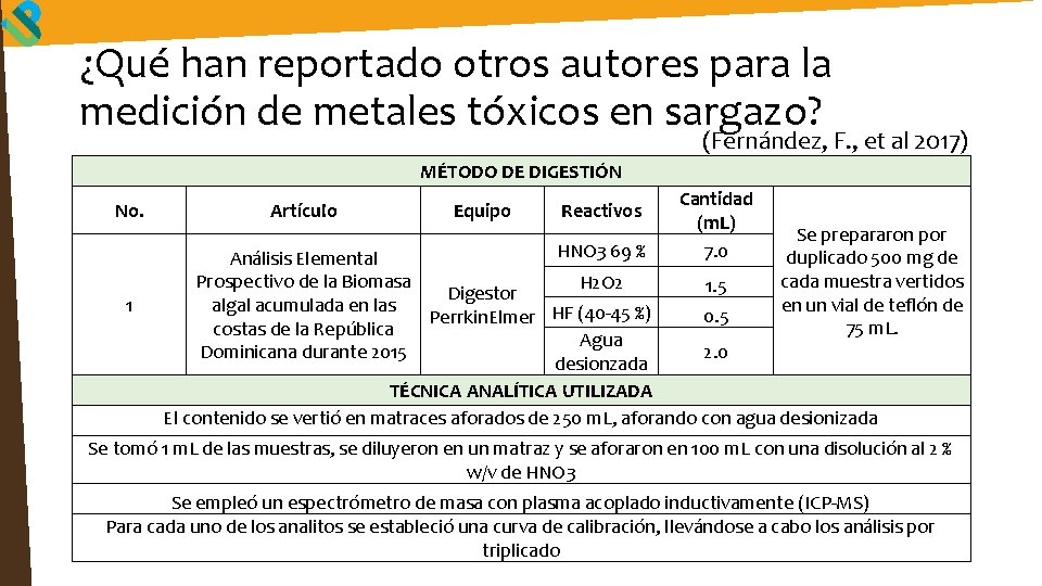 ¿Qué han reportado otros autores para la medición de metales tóxicos en sargazo? (Fernández,