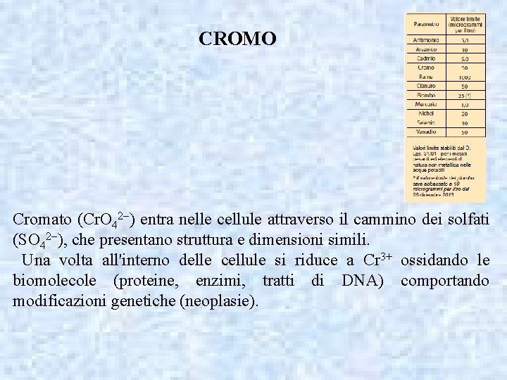 CROMO Cromato (Cr. O 42 ) entra nelle cellule attraverso il cammino dei solfati