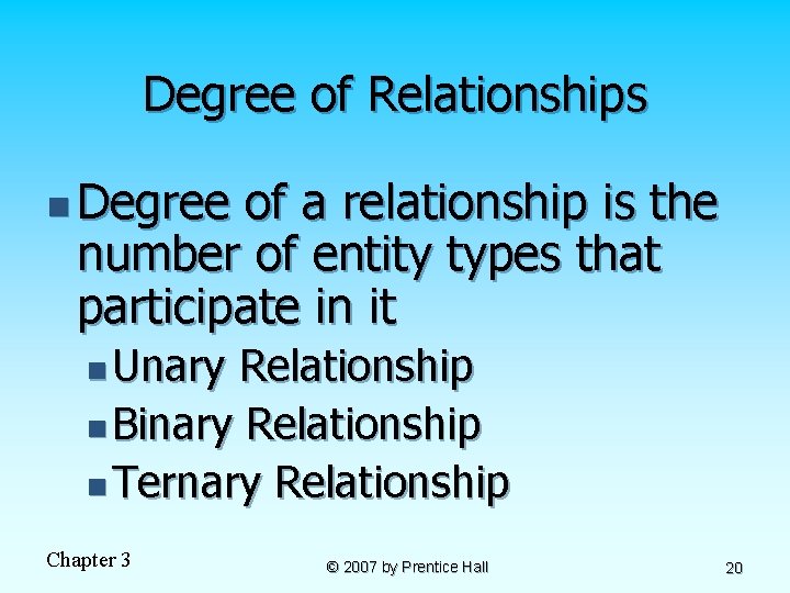 Degree of Relationships n Degree of a relationship is the number of entity types