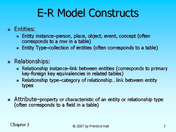 E-R Model Constructs n Entities: n n n Relationships: n n n Entity instance–person,