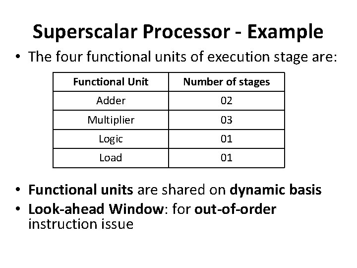 Superscalar Processor - Example • The four functional units of execution stage are: Functional