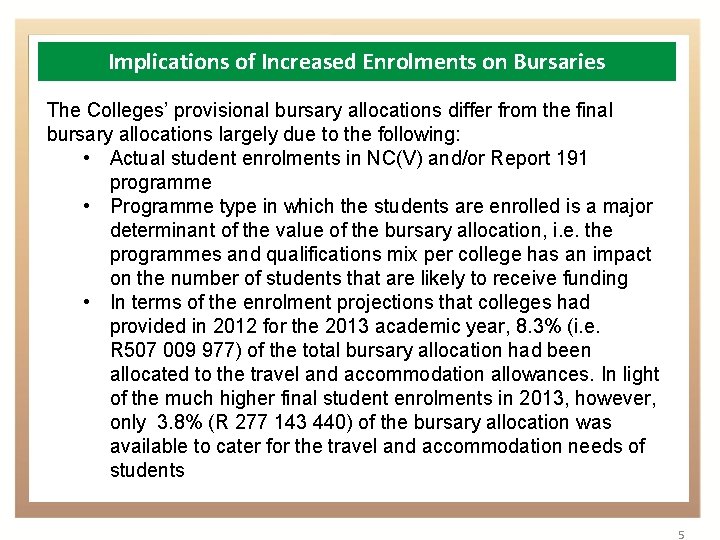 Implications of Increased Enrolments on Bursaries The Colleges’ provisional bursary allocations differ from the