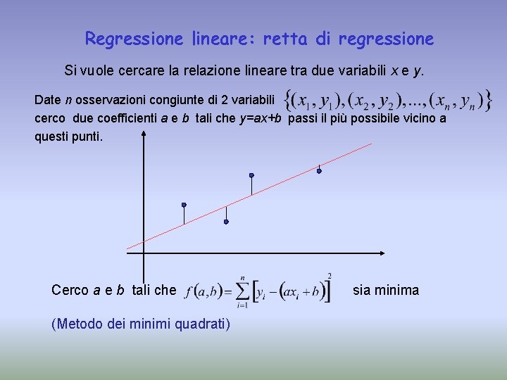 Regressione lineare: retta di regressione Si vuole cercare la relazione lineare tra due variabili