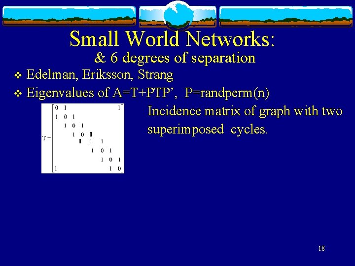 Small World Networks: & 6 degrees of separation Edelman, Eriksson, Strang v Eigenvalues of