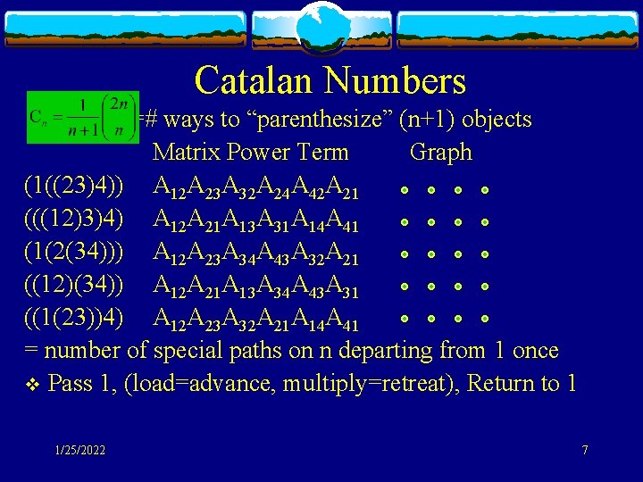 Catalan Numbers =# ways to “parenthesize” (n+1) objects Matrix Power Term Graph (1((23)4)) A