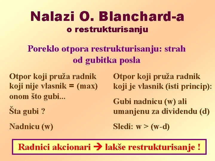 Nalazi O. Blanchard-a o restrukturisanju Poreklo otpora restrukturisanju: strah od gubitka posla Otpor koji