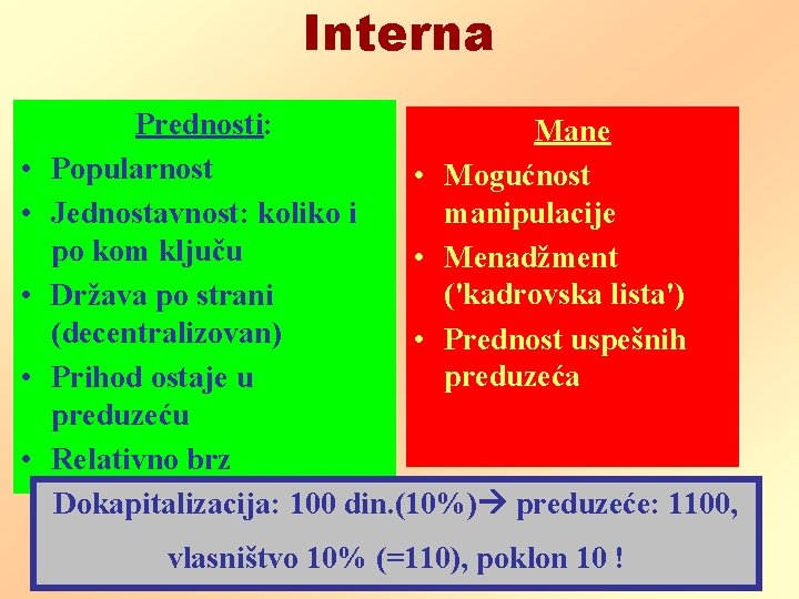 Interna • • • Prednosti: Mane Popularnost • Mogućnost manipulacije Jednostavnost: koliko i po