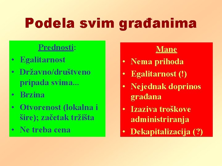 Podela svim građanima • • • Prednosti: Egalitarnost Državno/društveno pripada svima. . . Brzina