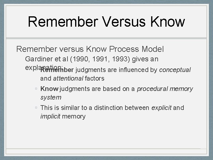 Remember Versus Know Remember versus Know Process Model Gardiner et al (1990, 1991, 1993)