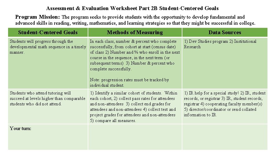 Assessment & Evaluation Worksheet Part 2 B Student-Centered Goals Program Mission: The program seeks Assessment & Evaluation Worksheet Part 2 B Student-Centered Goals Program Mission: The program seeks
