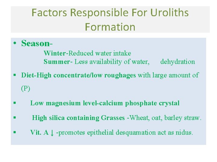 Factors Responsible For Uroliths Formation • Season. Winter-Reduced water intake Summer- Less availability of