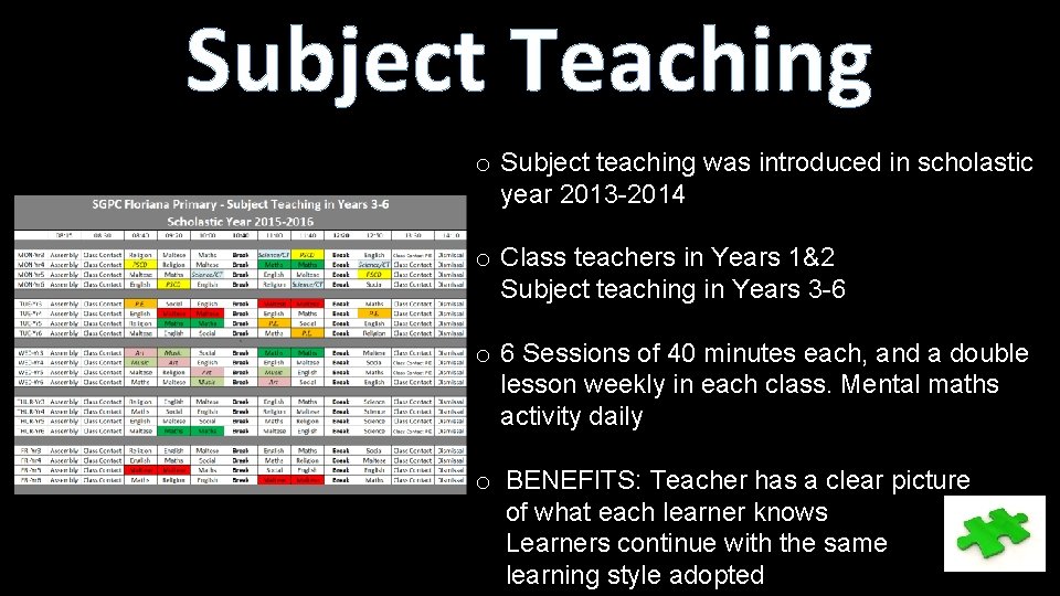 Subject Teaching o Subject teaching was introduced in scholastic year 2013 -2014 o Class