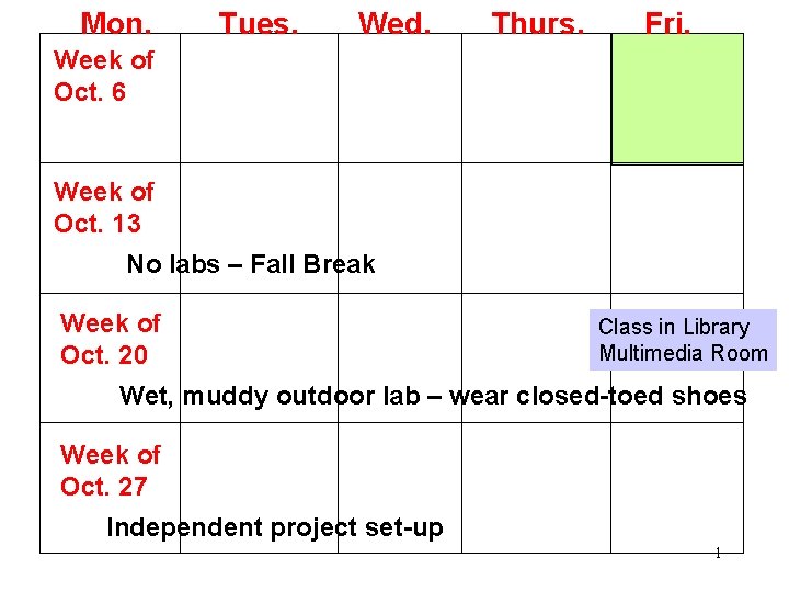 Mon. Tues. Wed. Thurs. Fri. Week of Oct. 6 Week of Oct. 13 No