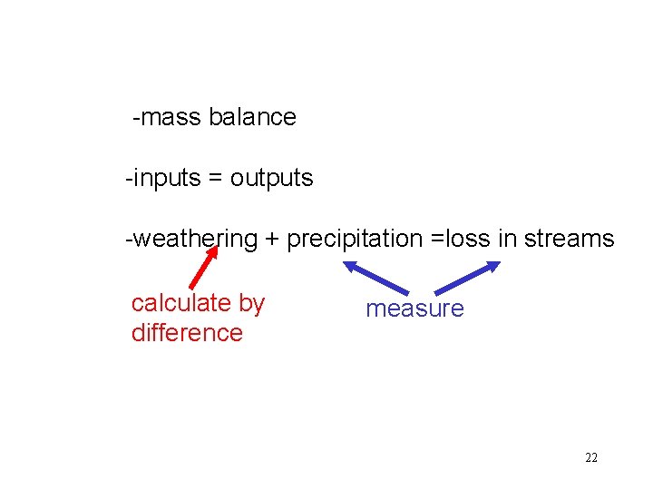 -mass balance -inputs = outputs -weathering + precipitation =loss in streams calculate by difference