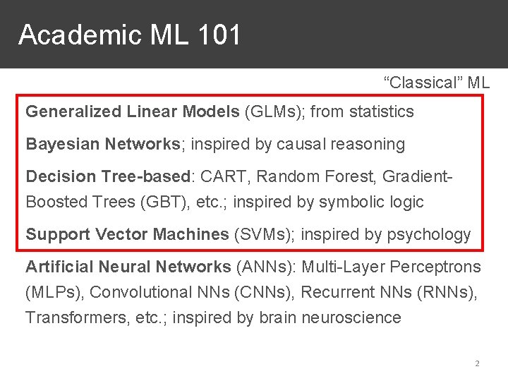 Academic ML 101 “Classical” ML Generalized Linear Models (GLMs); from statistics Bayesian Networks; inspired