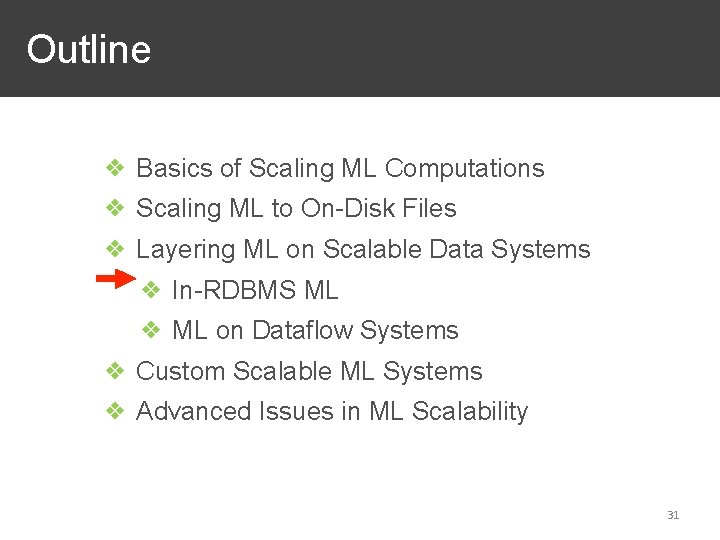 Outline ❖ Basics of Scaling ML Computations ❖ Scaling ML to On-Disk Files ❖