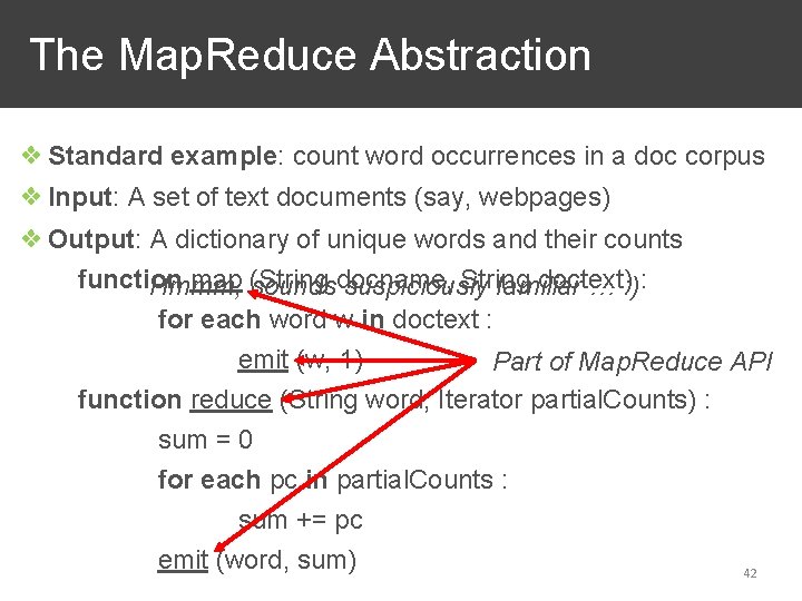 The Map. Reduce Abstraction ❖ Standard example: count word occurrences in a doc corpus