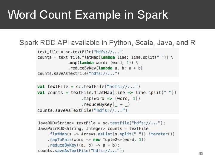 Word Count Example in Spark RDD API available in Python, Scala, Java, and R