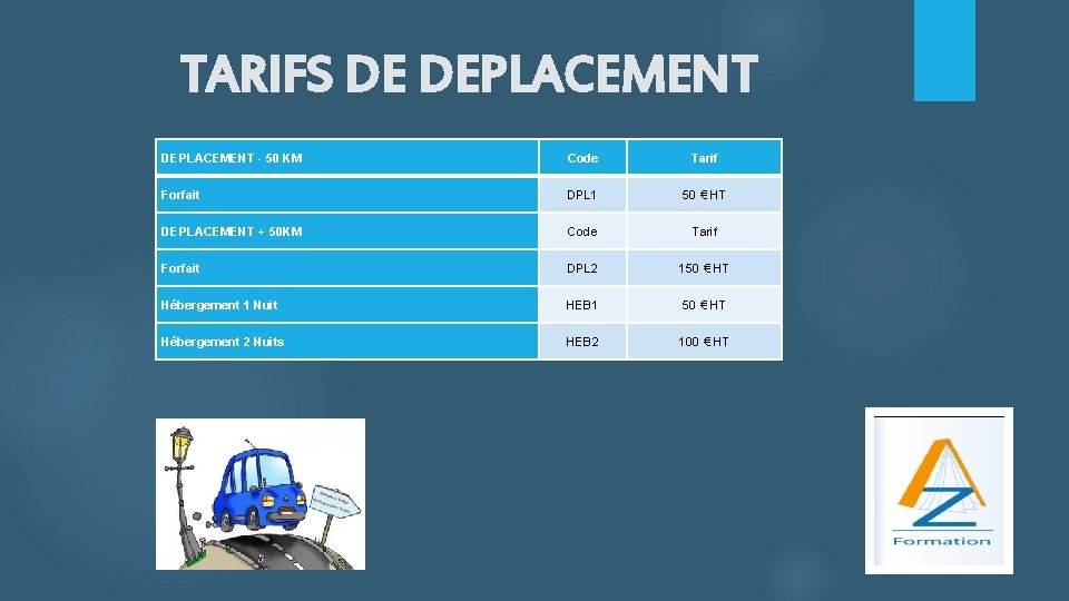 TARIFS DE DEPLACEMENT - 50 KM Code Tarif Forfait DPL 1 50 € HT