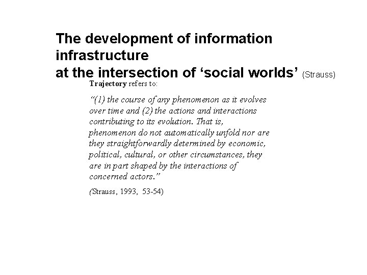 The development of information infrastructure at the intersection of ‘social worlds’ (Strauss) Trajectory refers