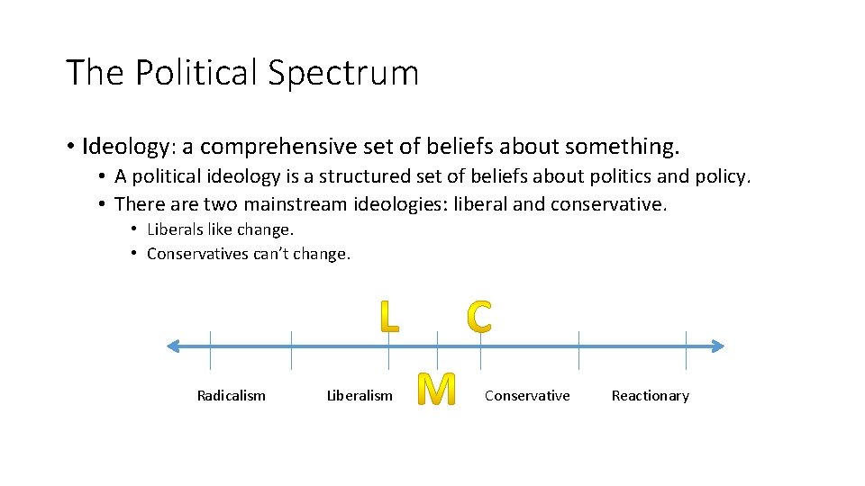 The Political Spectrum • Ideology: a comprehensive set of beliefs about something. • A