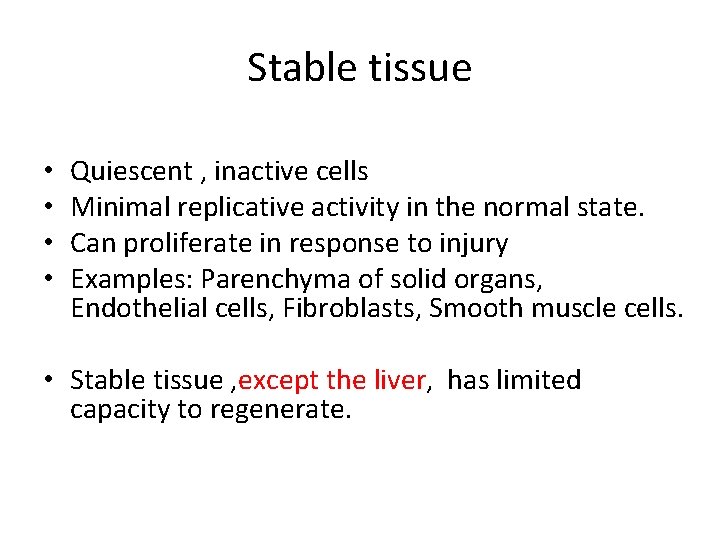 Stable tissue • • Quiescent , inactive cells Minimal replicative activity in the normal
