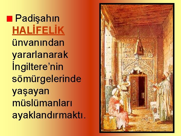 Padişahın HALİFELİK ünvanından yararlanarak İngiltere’nin sömürgelerinde yaşayan müslümanları ayaklandırmaktı. 