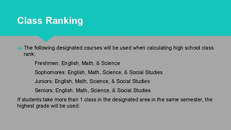 Class Ranking The following designated courses will be used when calculating high school class