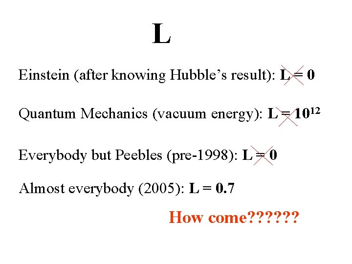 L Einstein (after knowing Hubble’s result): L = 0 Quantum Mechanics (vacuum energy): L