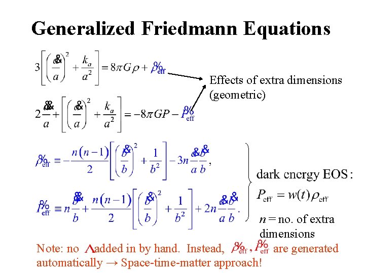 Generalized Friedmann Equations Effects of extra dimensions (geometric) n = no. of extra dimensions