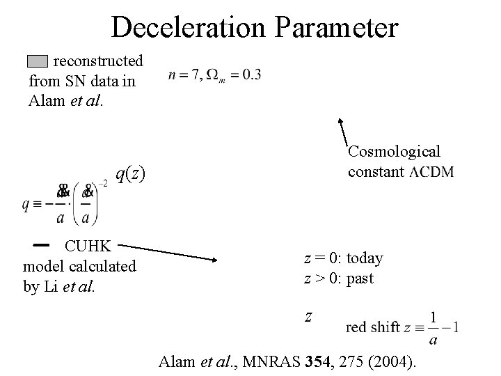Deceleration Parameter reconstructed from SN data in Alam et al. Cosmological constant q(z) CUHK