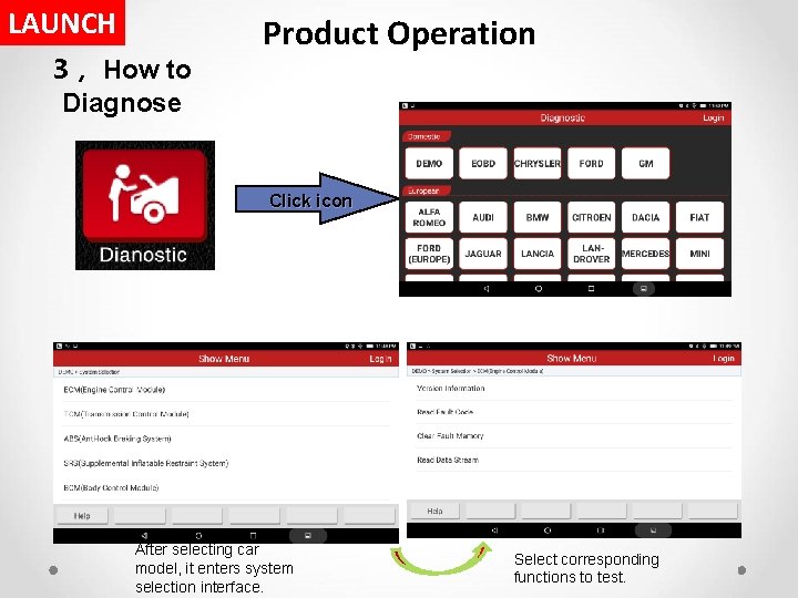 LAUNCH 3， How to Diagnose Product Operation Click icon After selecting car model, it